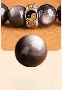 Nine Mantra Five Wealth Deities Bracelet S925 Silver | Triple Obsidian Variants